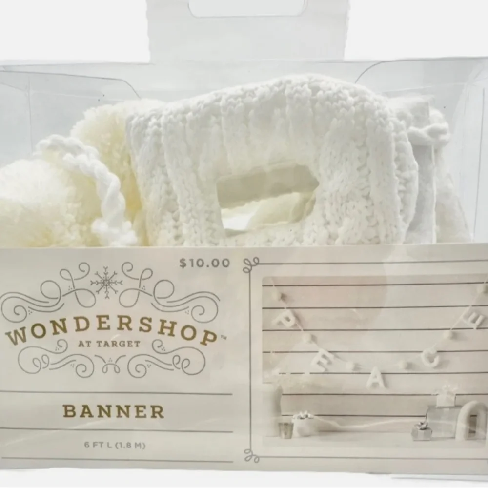 NWT Wonder Shop Banner Peace 6 FT L(1.8 M) White Knit Pom Poms NIB At Target